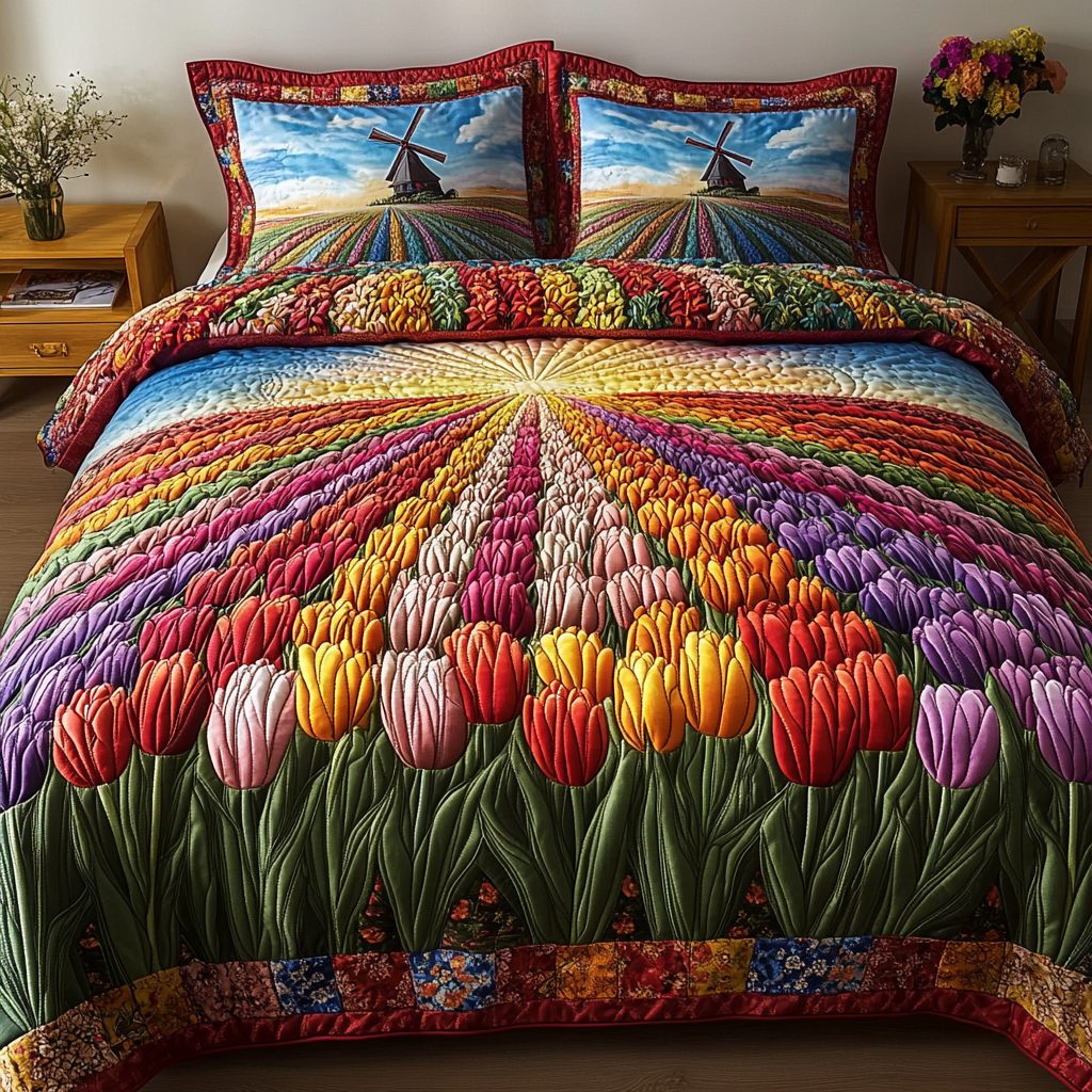 Colorful Tulips quilted 3-piece bedding set on a made bed with two matching pillow shams