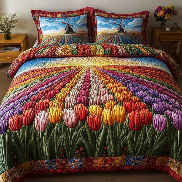 Colorful Tulips quilted 3-piece bedding set on a made bed with two matching pillow shams