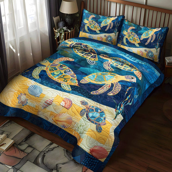 Colorful Turtle Expedition quilted 3-piece bedding set on a made bed in a light coastal bedroom