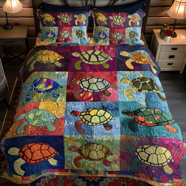 Colorful Turtles quilted 3-piece bedding set on a made bed in a light coastal bedroom