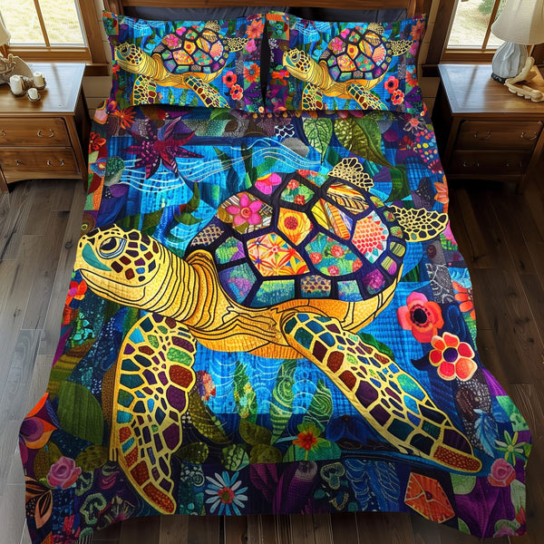 Colorful Turtles quilted 3-piece bedding set on a made bed in a light coastal bedroom
