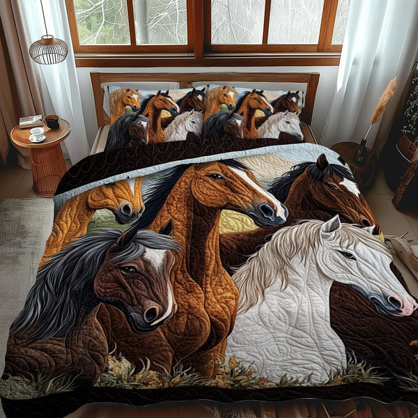 Colorful Wild Horse quilted 3-piece bedding set on a made bed in a rustic timber bedroom