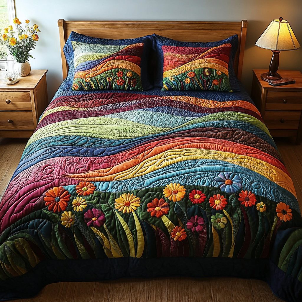 Colorful Wind quilted 3-piece bedding set on a made bed with two matching pillow shams