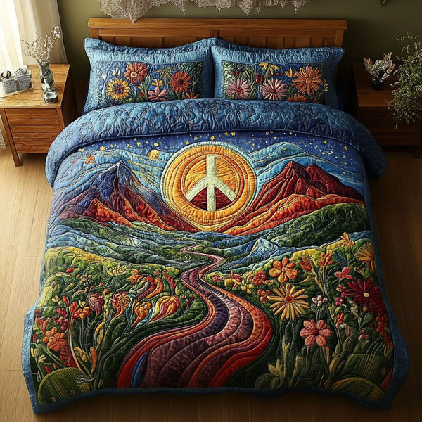 Colorful Zen Path quilted 3-piece bedding set on a made bed with two matching pillow shams