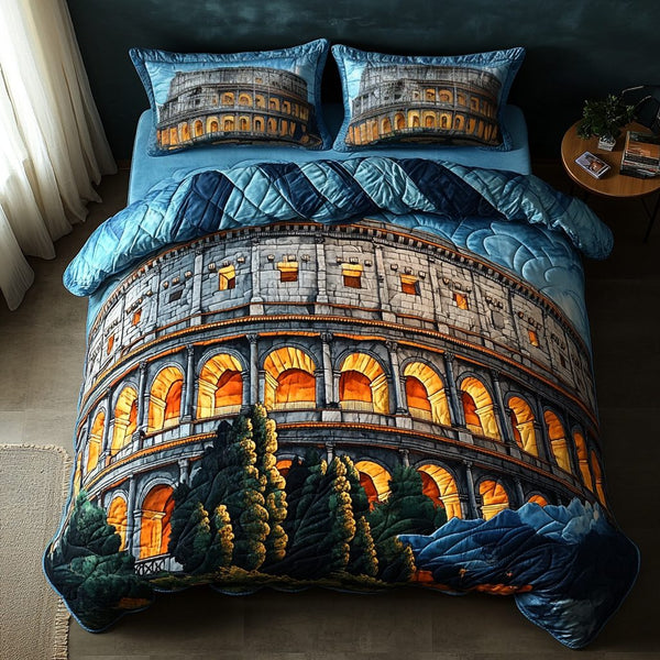 Colosseum View quilted 3-piece bedding set on a made bed with two matching pillow shams