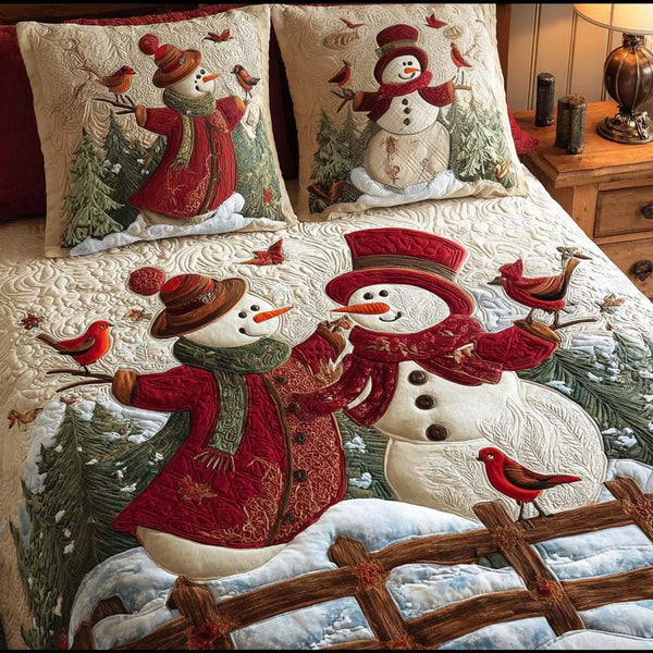 Comfort and Joy quilted 3-piece bedding set on a made bed with two matching pillow shams