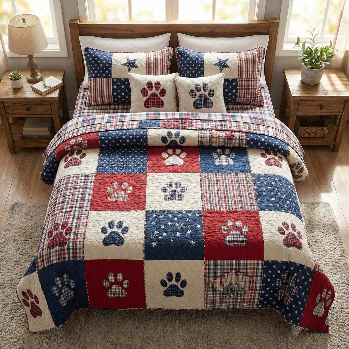 Comfort Paw Patch quilted 3-piece bedding set on a made bed with two matching pillow shams
