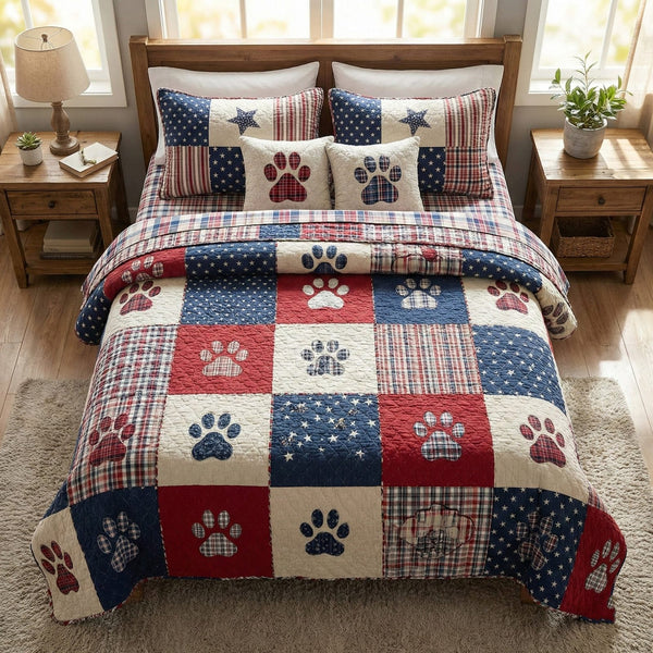 Comfort Paw Patch quilted 3-piece bedding set on a made bed with two matching pillow shams