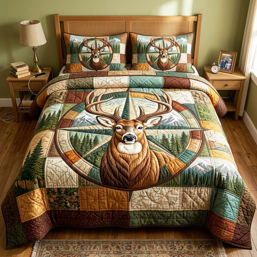 Compass Buck quilted 3-piece bedding set on a made bed with two matching pillow shams
