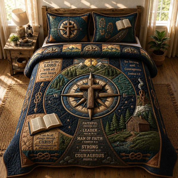 Compass Cross quilted 3-piece bedding set on a made bed in a softly lit bedroom