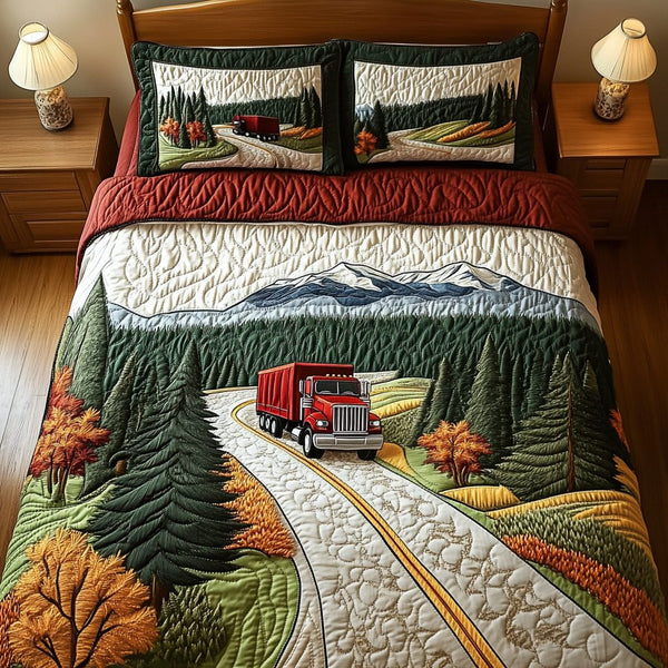 Container Truck Cargo quilted 3-piece bedding set on a made bed with two matching pillow shams