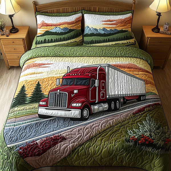 Container Truck Express quilted 3-piece bedding set on a made bed with two matching pillow shams