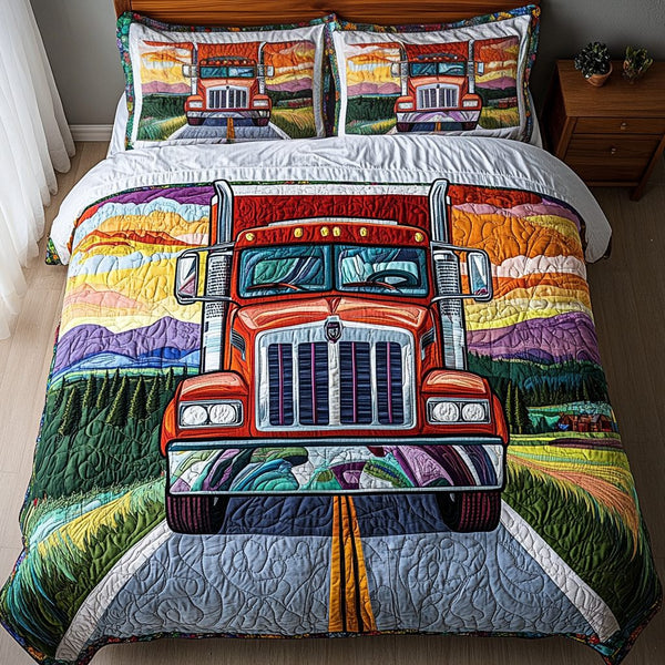 Container Truck Fleet quilted 3-piece bedding set on a made bed with two matching pillow shams