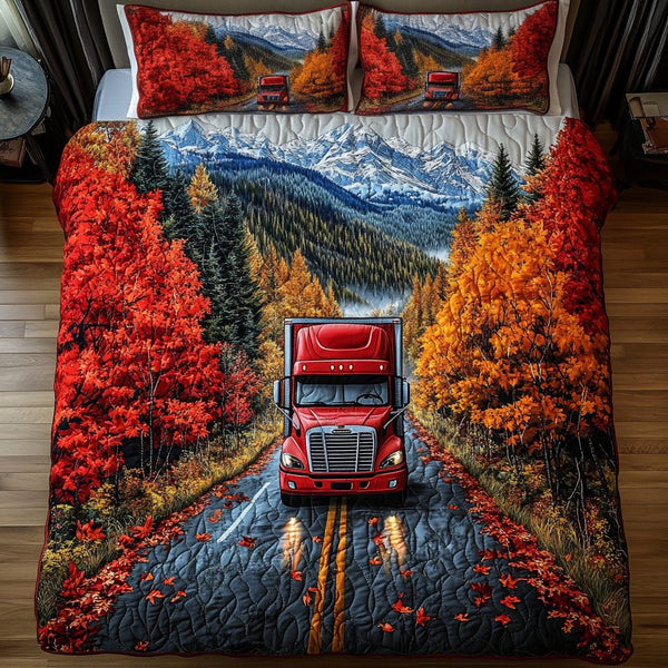 Container Truck Haul quilted 3-piece bedding set on a made bed with two matching pillow shams
