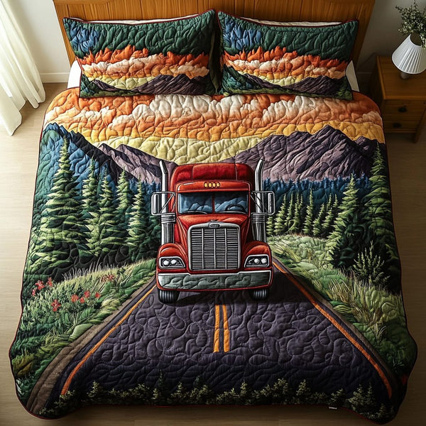 Container Truck Journey quilted 3-piece bedding set on a made bed with two matching pillow shams