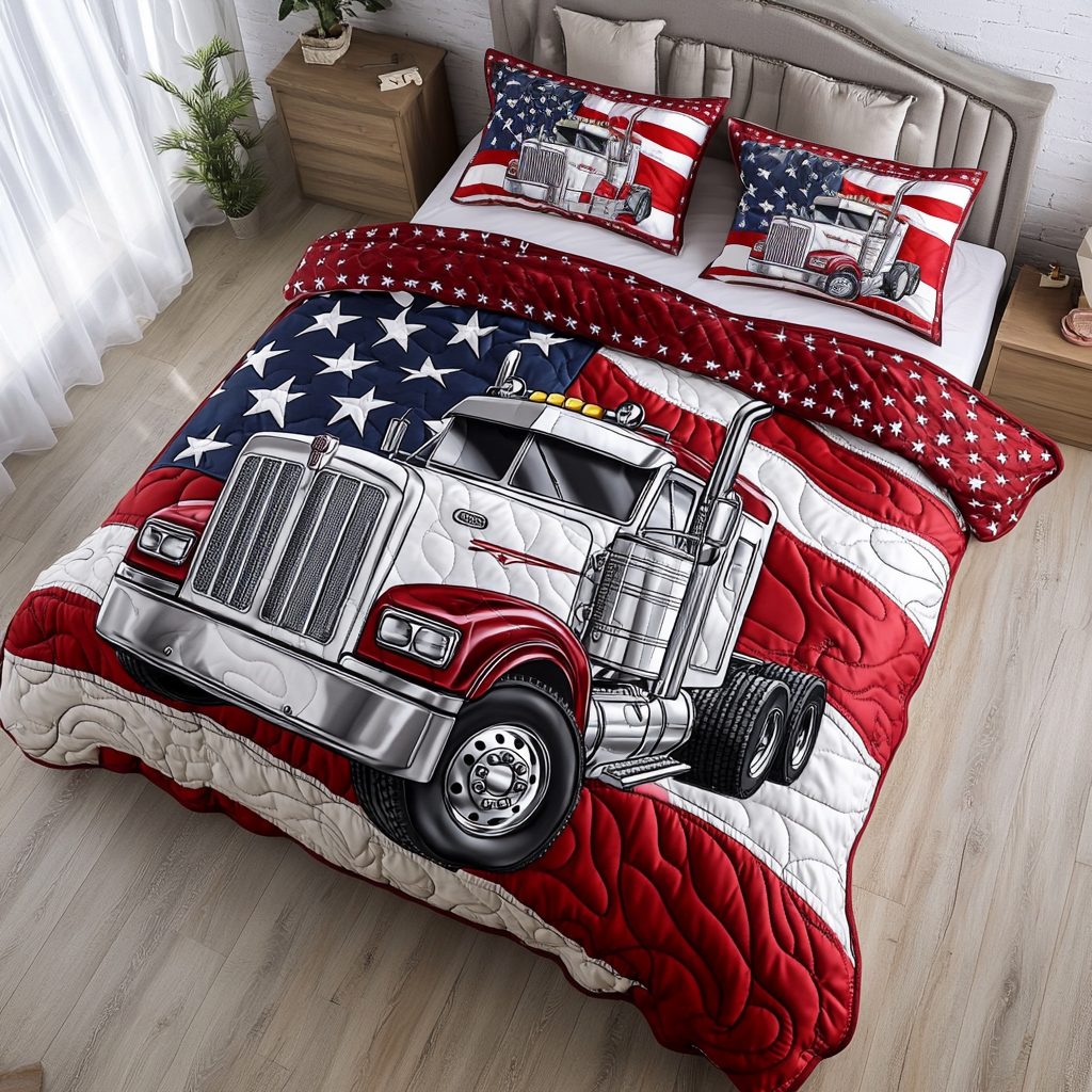 Container Truck Load quilted 3-piece bedding set on a made bed with two matching pillow shams