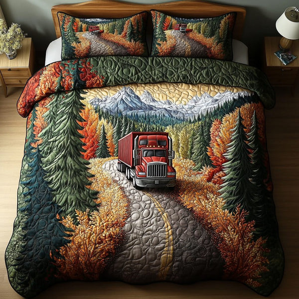 Container Truck Service quilted 3-piece bedding set on a made bed with two matching pillow shams