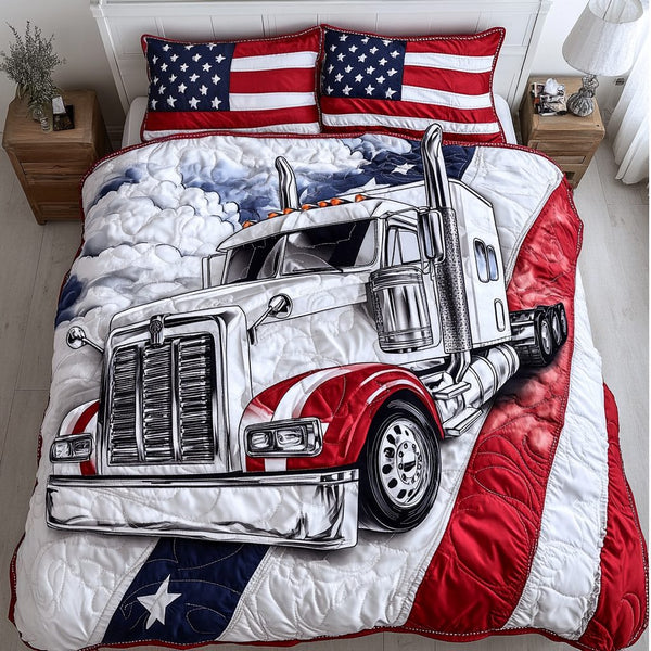 Container Truck Transport quilted 3-piece bedding set on a made bed with two matching pillow shams