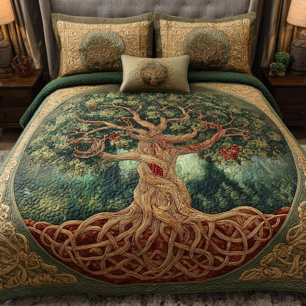 Copper Heart quilted 3-piece bedding set on a made bed with two matching pillow shams