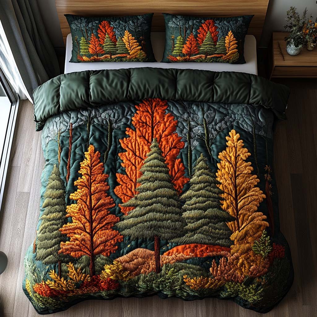 Copper Leaves quilted 3-piece bedding set on a made bed with two matching pillow shams