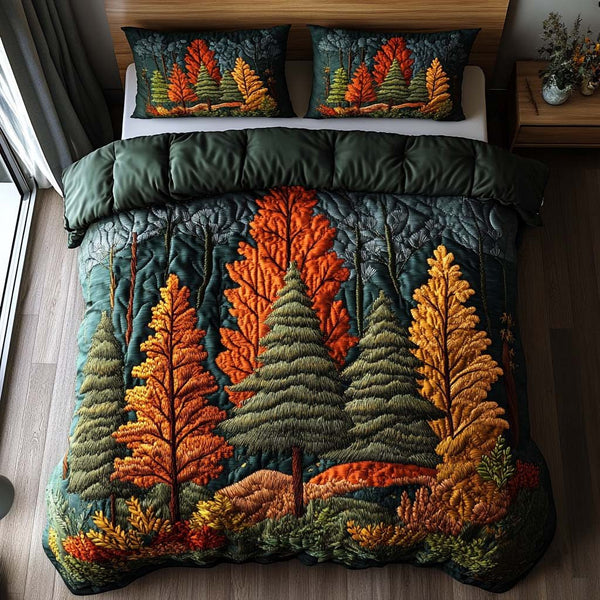 Copper Leaves quilted 3-piece bedding set on a made bed with two matching pillow shams