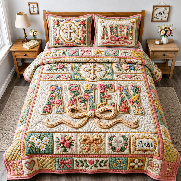 Coquette Amen Crochet quilted 3-piece bedding set on a made bed in a softly lit bedroom
