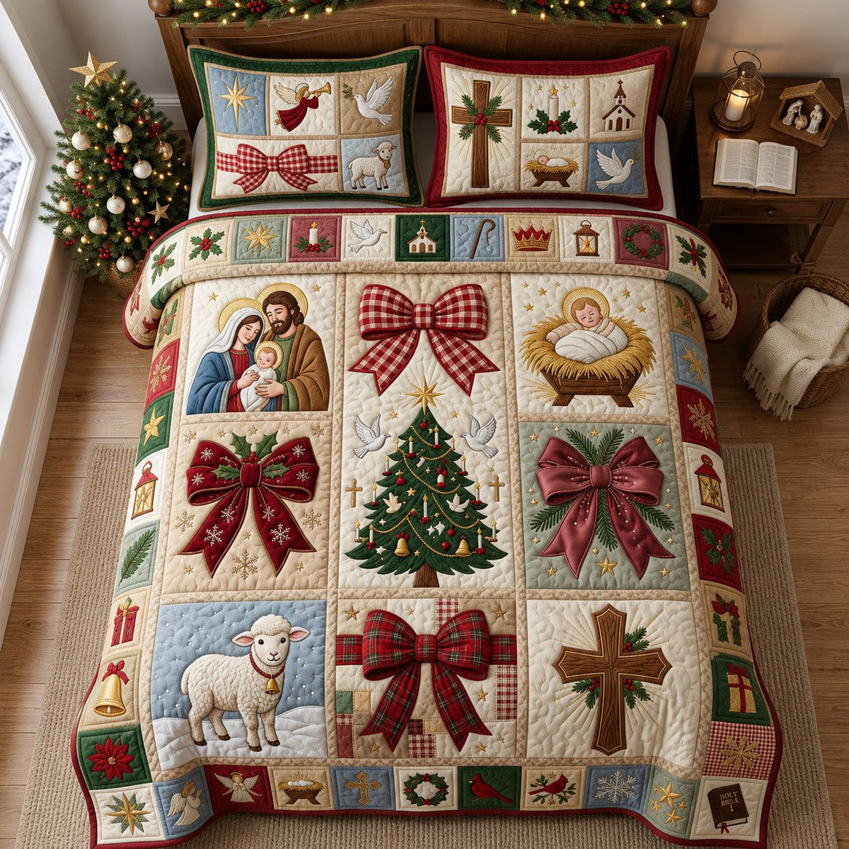Coquette Christmas Bow quilted 3-piece bedding set on a made bed in a winter-styled bedroom