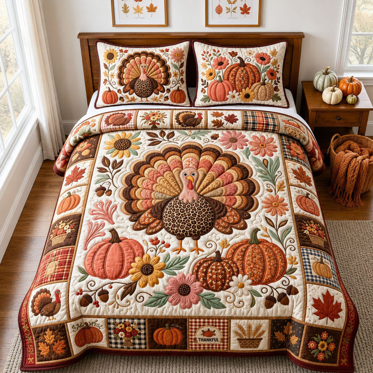 Coquette Turkey quilted 3-piece bedding set on a made bed with two matching pillow shams