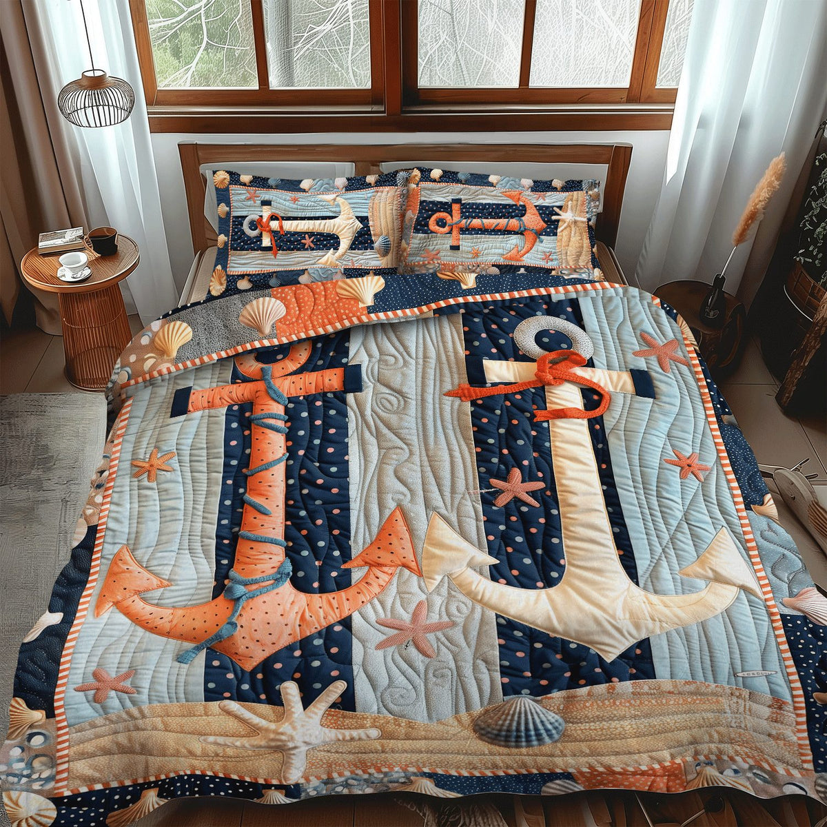 Coral Anchors quilted 3-piece bedding set on a made bed in a light coastal bedroom