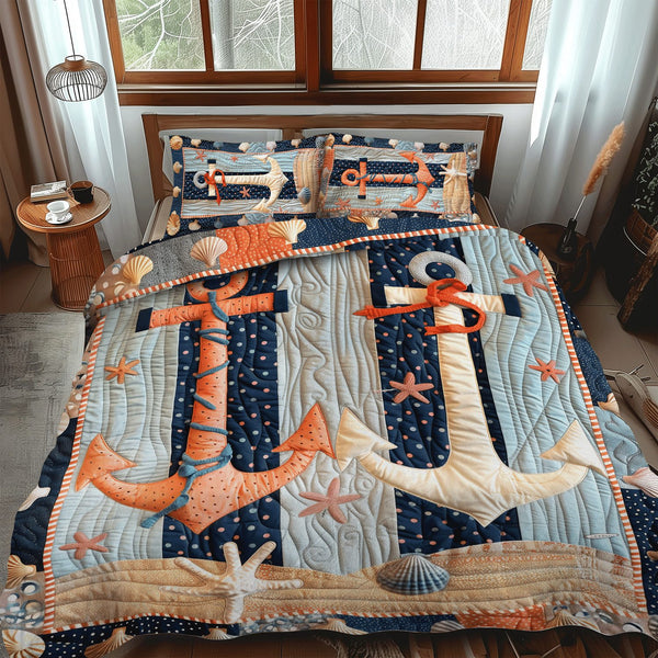 Coral Anchors quilted 3-piece bedding set on a made bed in a light coastal bedroom