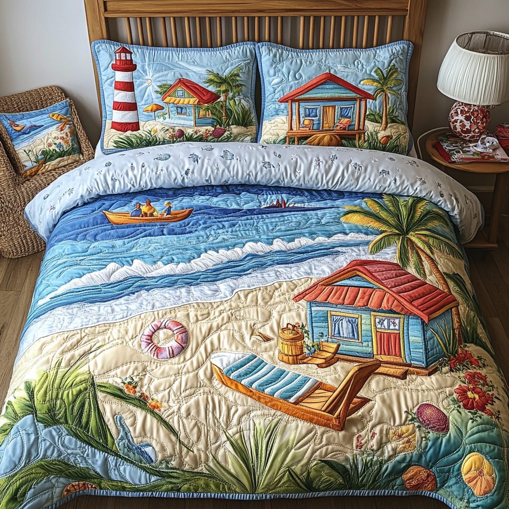 Coral Bay quilted 3-piece bedding set on a made bed in a light coastal bedroom