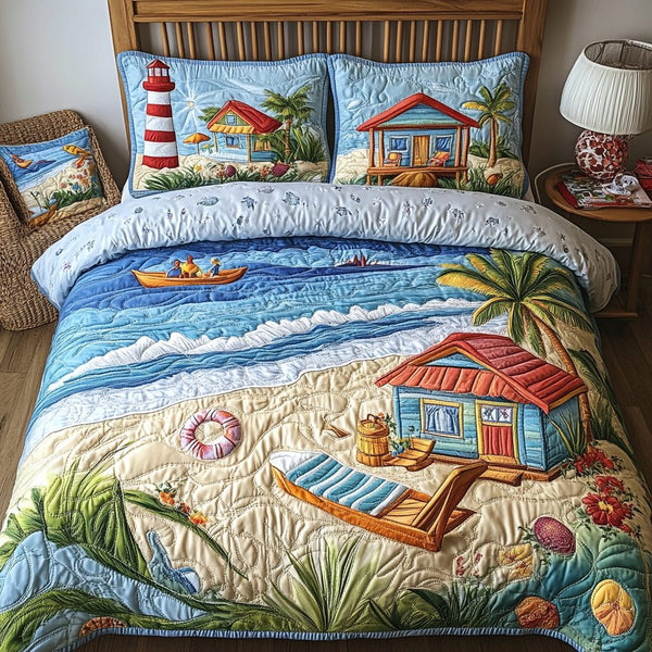 Coral Bay quilted 3-piece bedding set on a made bed in a light coastal bedroom