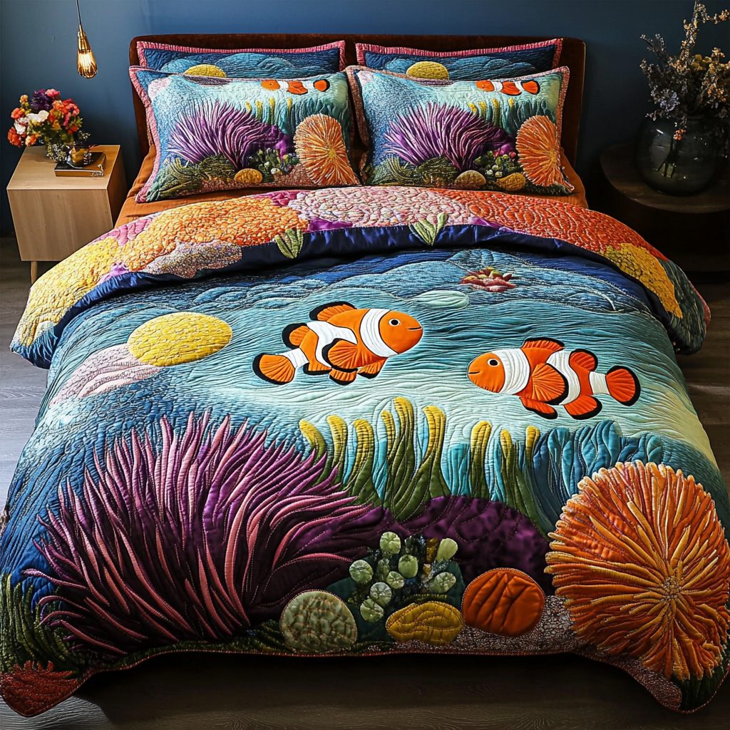 Coral Bliss quilted 3-piece bedding set on a made bed in a light coastal bedroom