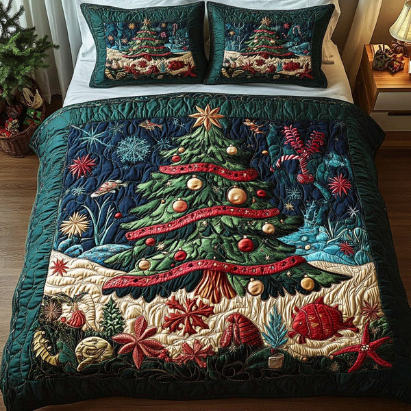 Coral Christmas quilted 3-piece bedding set on a made bed in a winter-styled bedroom