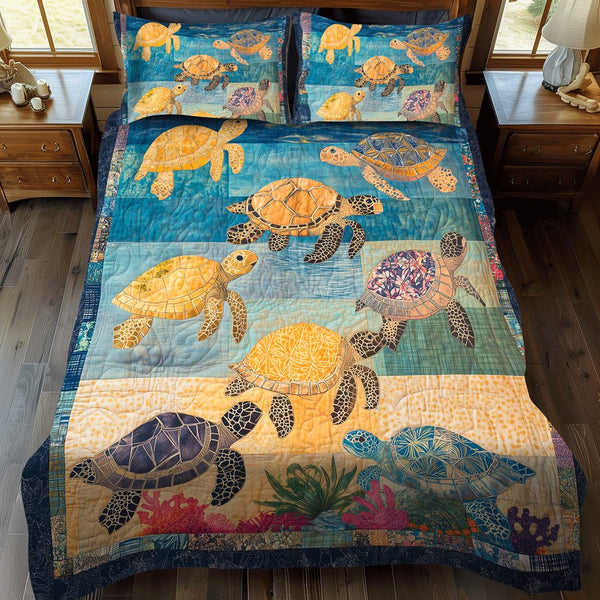 Coral Coast quilted 3-piece bedding set on a made bed in a light coastal bedroom