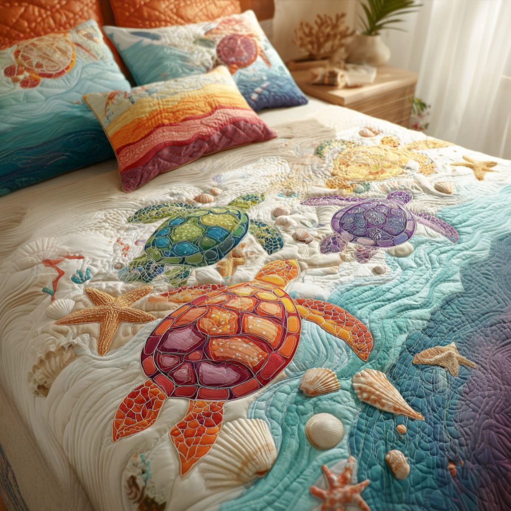 Coral Coastline quilted 3-piece bedding set on a made bed in a light coastal bedroom