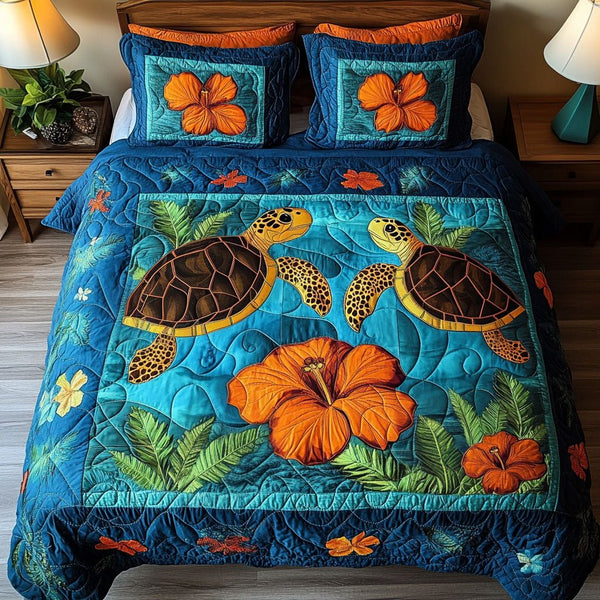 Coral Companions quilted 3-piece bedding set on a made bed in a light coastal bedroom