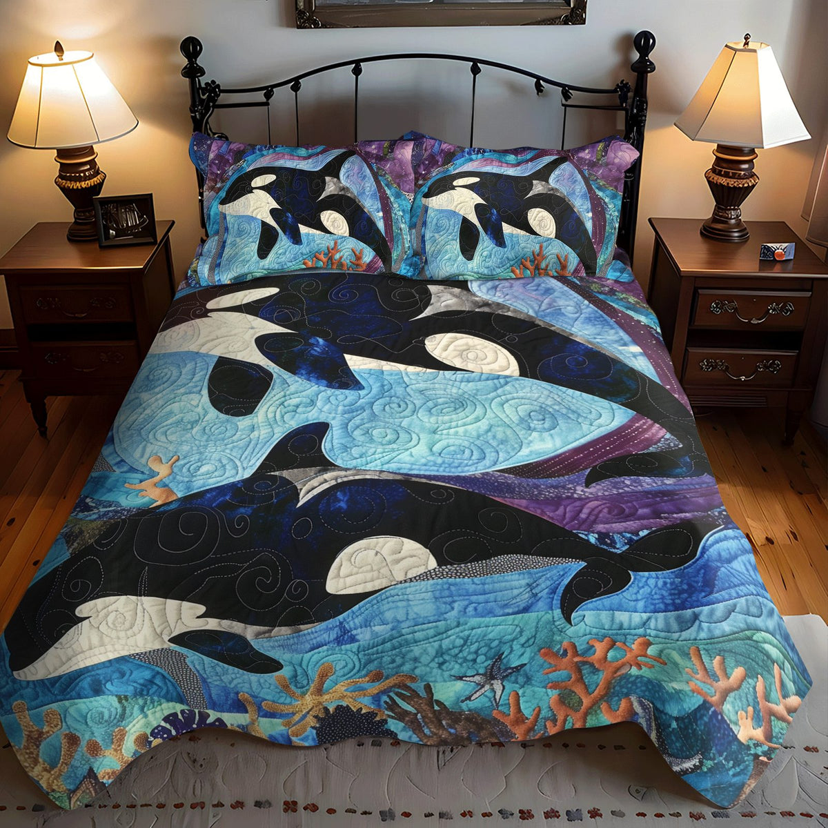 Coral Constellation quilted 3-piece bedding set on a made bed in a light coastal bedroom