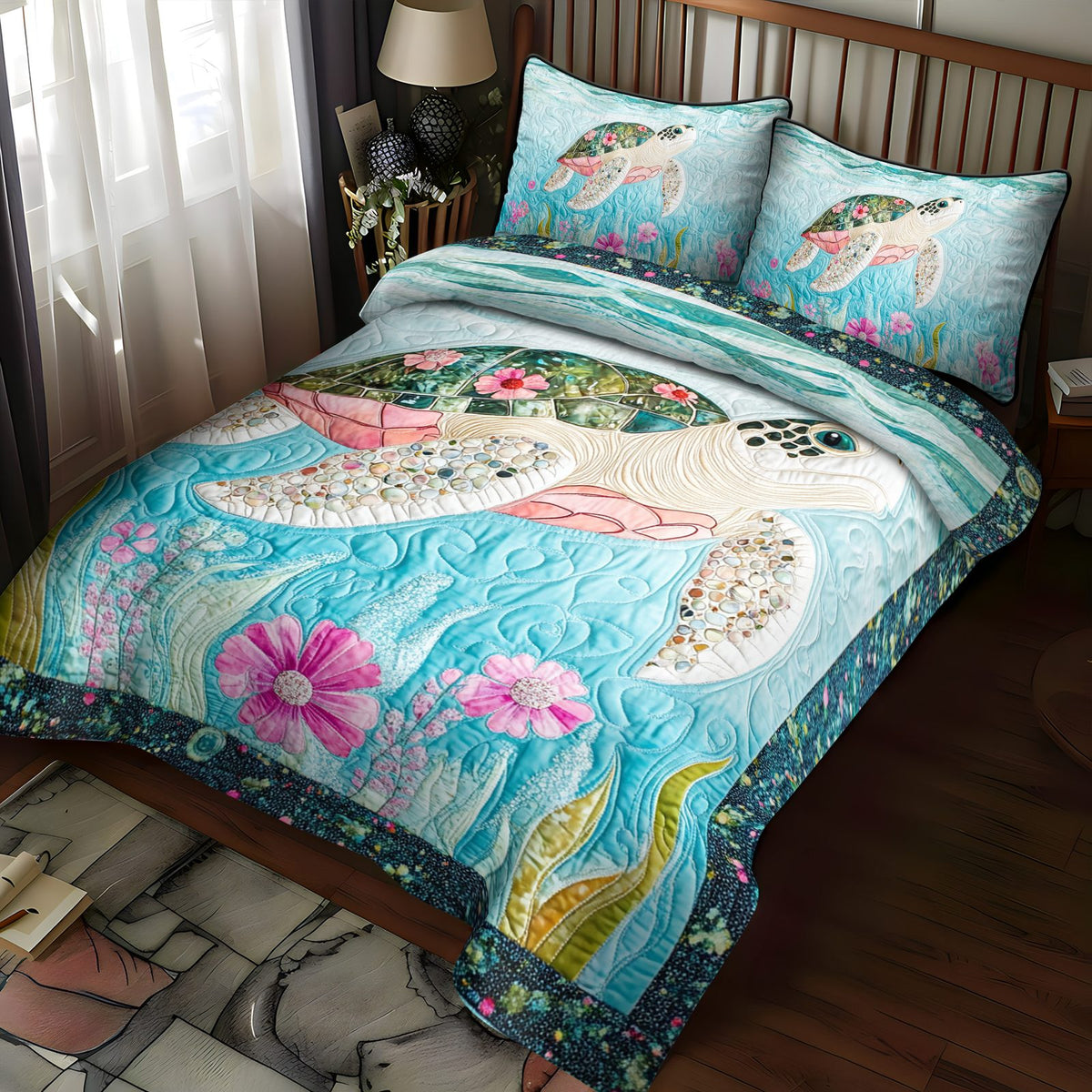 Coral Cove quilted 3-piece bedding set on a made bed in a light coastal bedroom