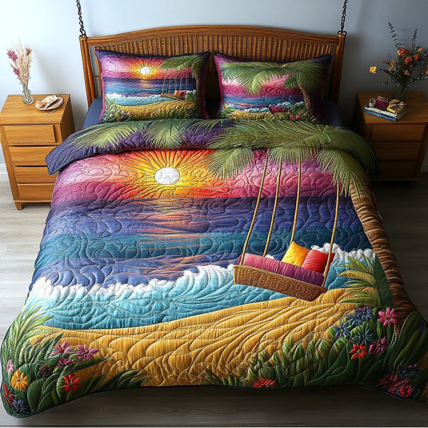 Coral Cove quilted 3-piece bedding set on a made bed in a light coastal bedroom