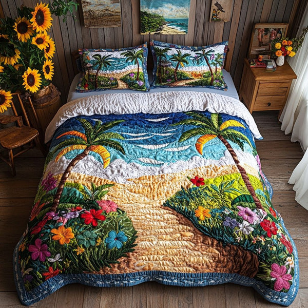 Coral Cove quilted 3-piece bedding set on a made bed in a light coastal bedroom