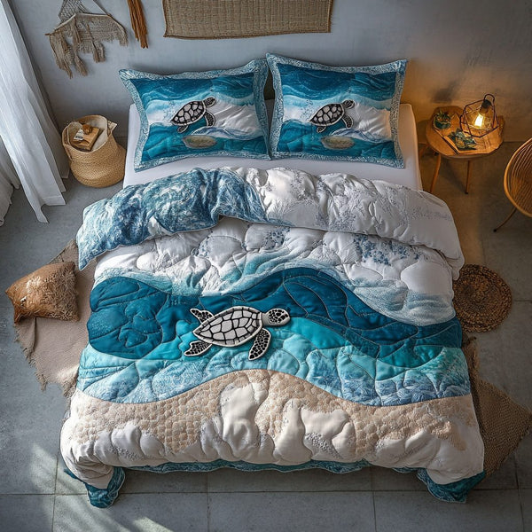 Coral Cruiser quilted 3-piece bedding set on a made bed in a light coastal bedroom