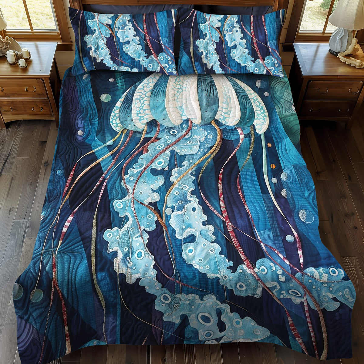 Coral Dance quilted 3-piece bedding set on a made bed in a light coastal bedroom