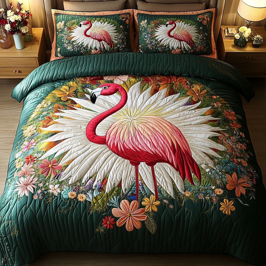 Coral Dancer quilted 3-piece bedding set on a made bed in a light coastal bedroom