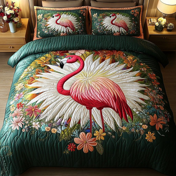 Coral Dancer quilted 3-piece bedding set on a made bed in a light coastal bedroom