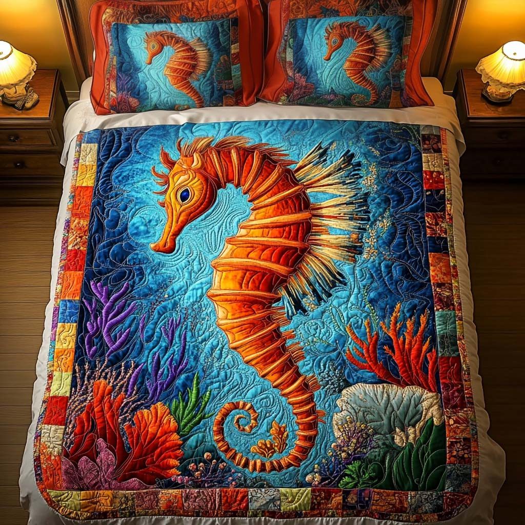 Coral Dream quilted 3-piece bedding set on a made bed in a light coastal bedroom