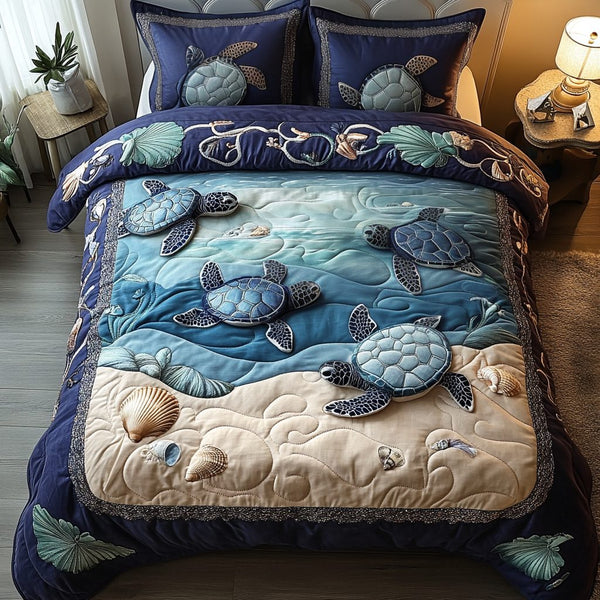 Coral Dreamer quilted 3-piece bedding set on a made bed in a light coastal bedroom