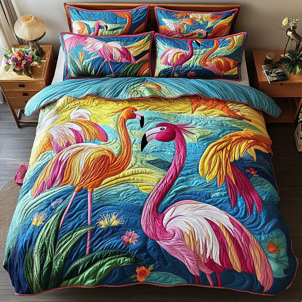 Coral Escape quilted 3-piece bedding set on a made bed in a light coastal bedroom
