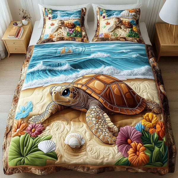 Coral Glider quilted 3-piece bedding set on a made bed in a light coastal bedroom