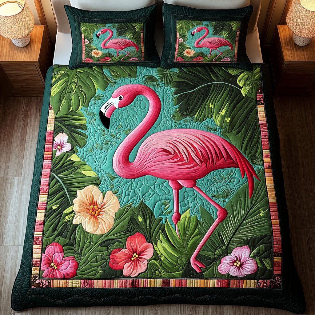 Coral Grace quilted 3-piece bedding set on a made bed in a light coastal bedroom